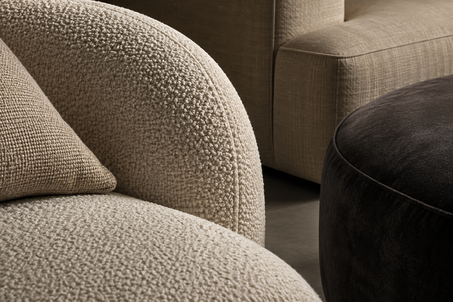 Boucle, linen and velvet upholstery details